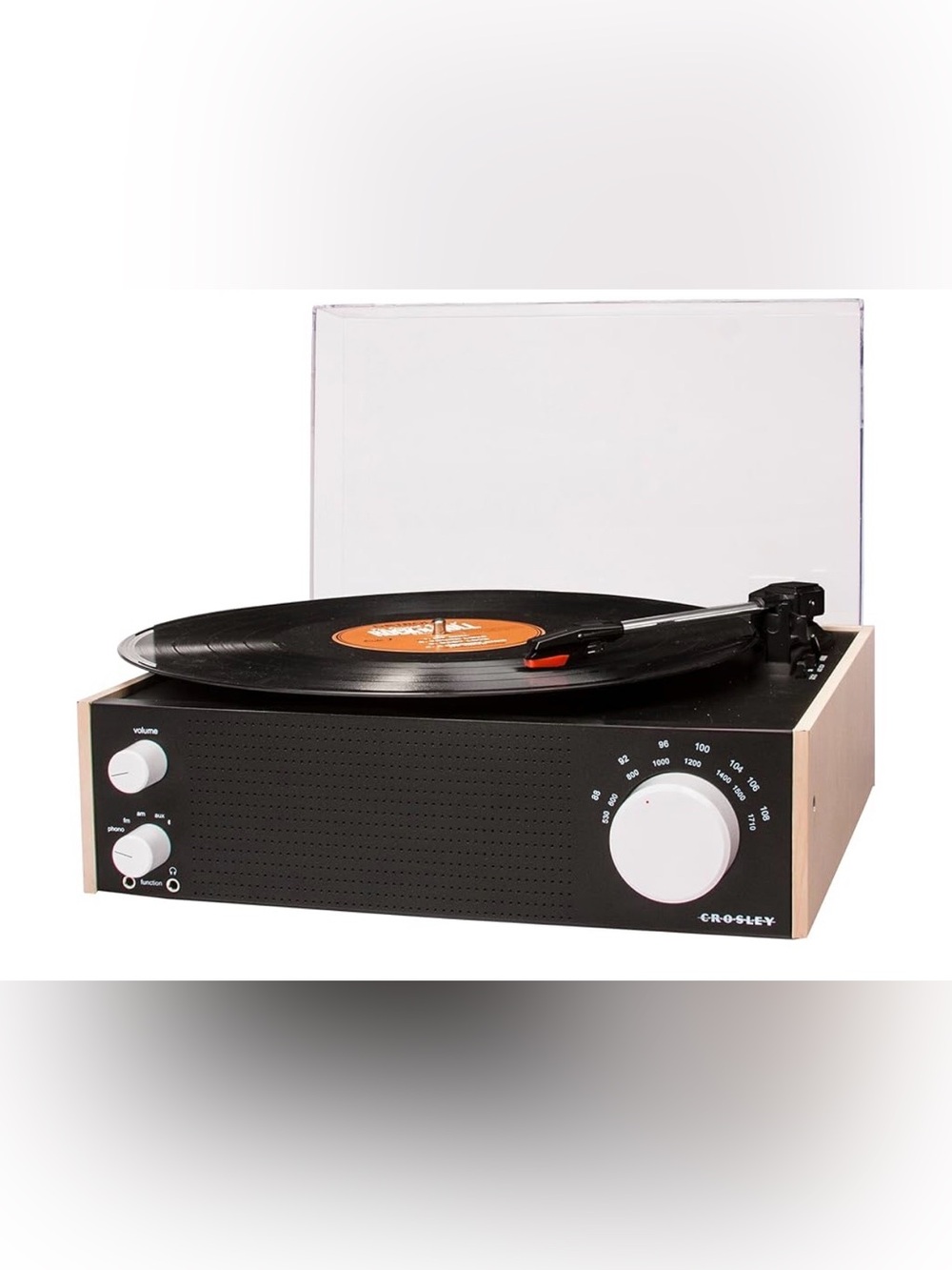 Crosley Black Turntable with Wood-Tone Sides and Clear Dust Cover